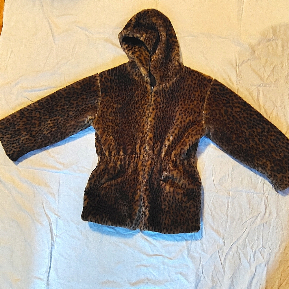 Global i.d. Kids Large 14 Cheetah Faux Fur Hooded Zip Up Coat Elastic Waist VTG